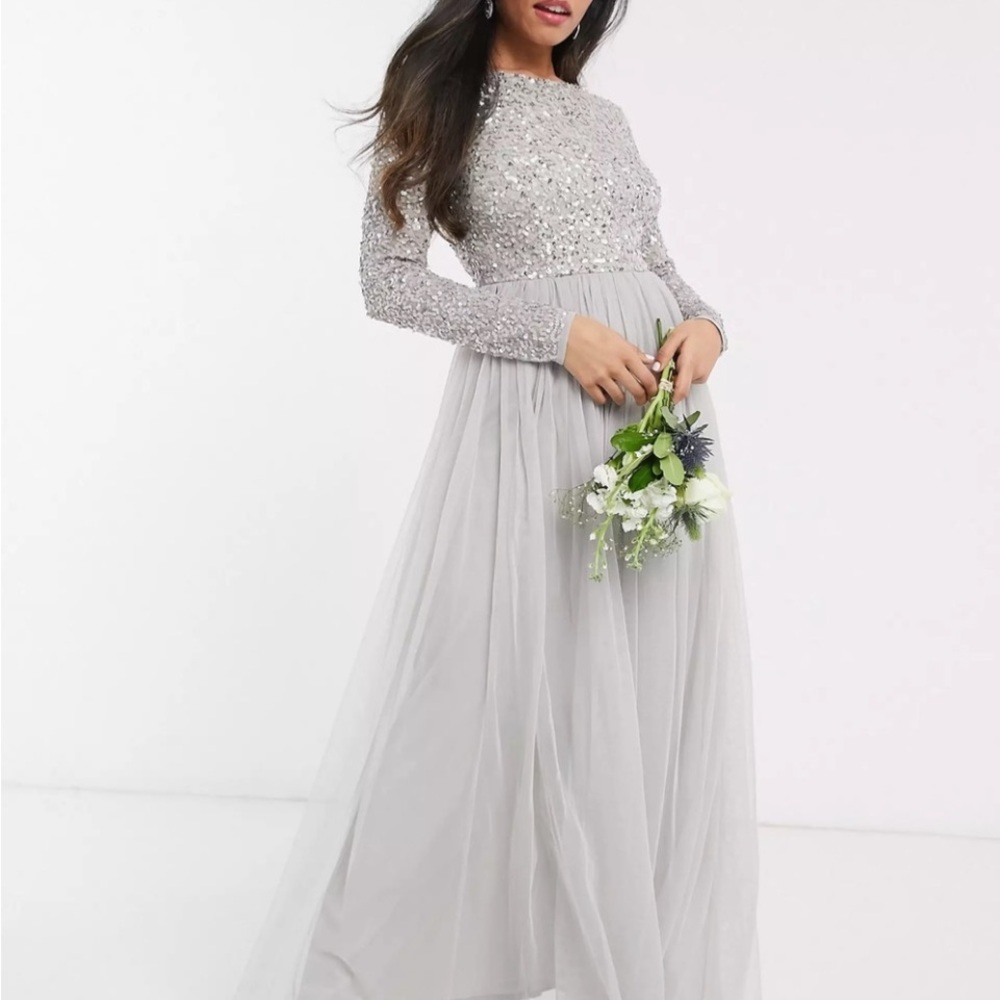 Maya Deluxe Embellished Long Sleeve Maxi Dress in Soft Grey 🆕